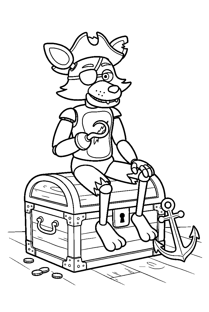 fnaf foxy sitting on a closed treasure chest beside a small anchor prop line art