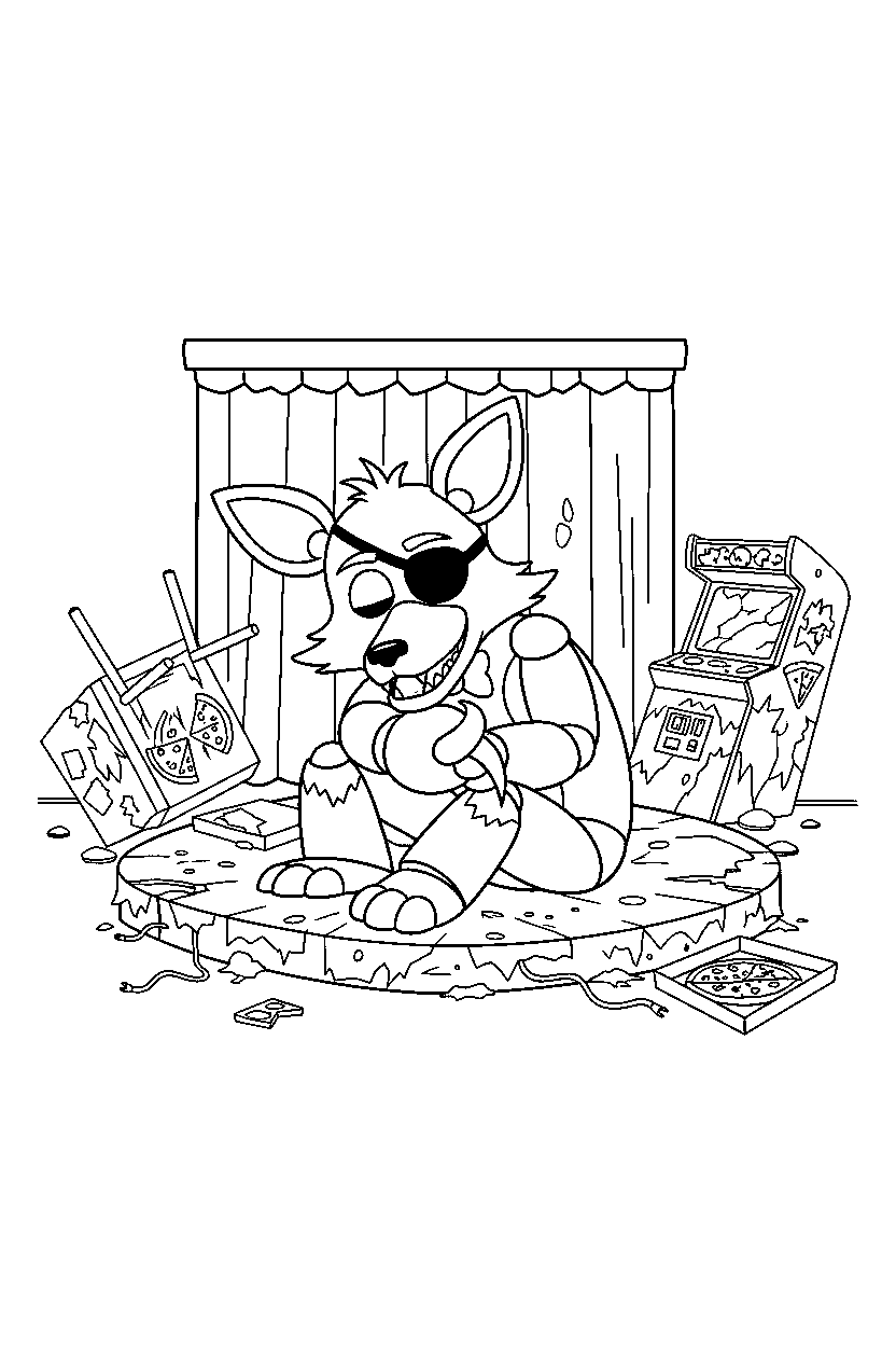 fnaf foxy sleeping in abandoned pizzeria line art