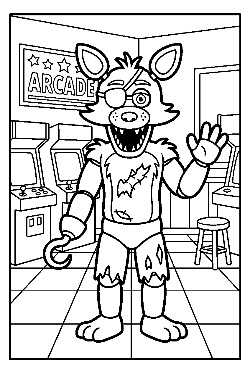 fnaf foxy smiling in arcade room line art