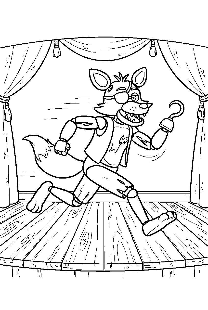 fnaf foxy sprinting across the wooden pirate cove platform line art