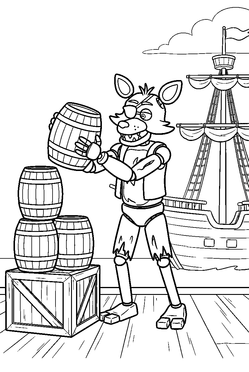 fnaf foxy stacking barrel props near the pirate ship backdrop line art