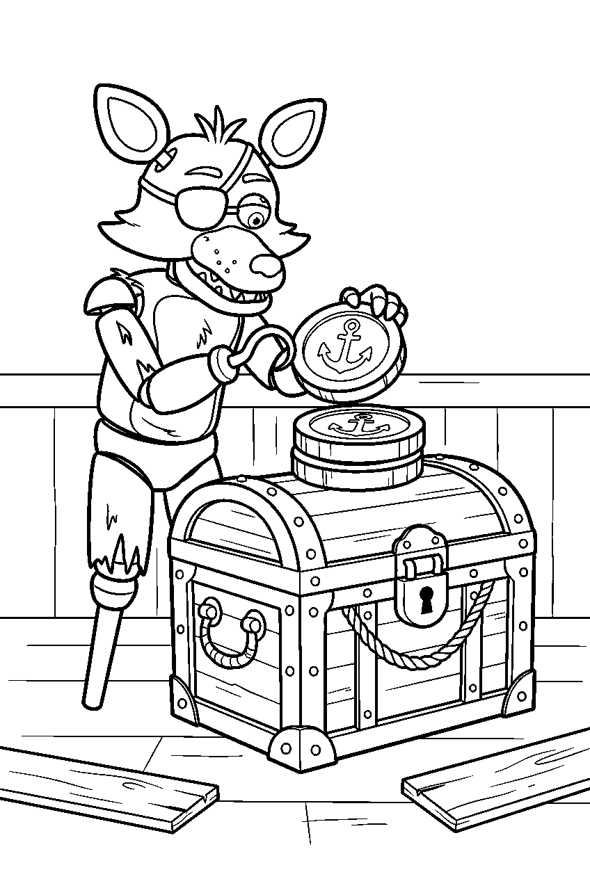fnaf foxy stacking three large coins on the lid of a closed treasure chest line art