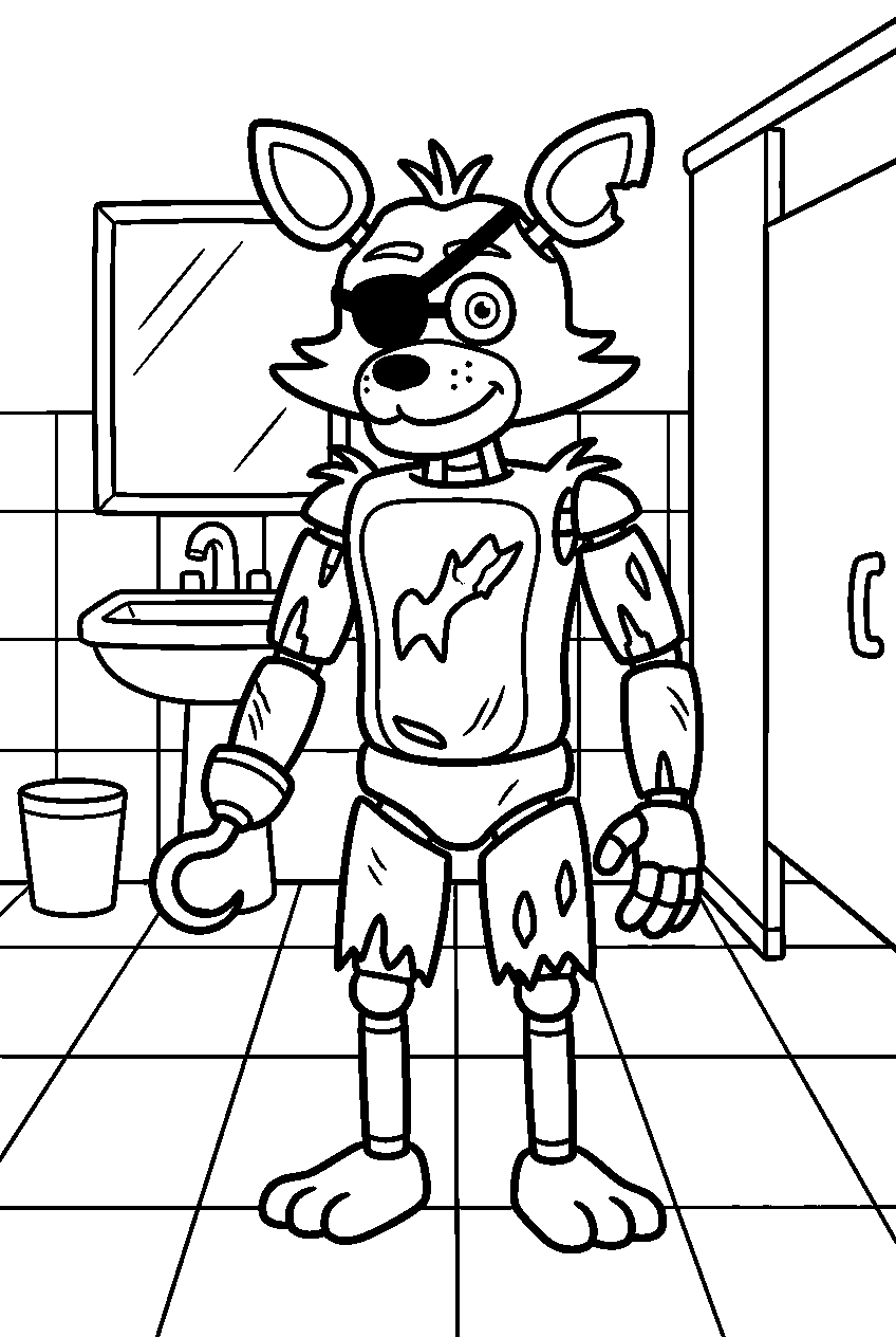 fnaf foxy standing in restroom area line art