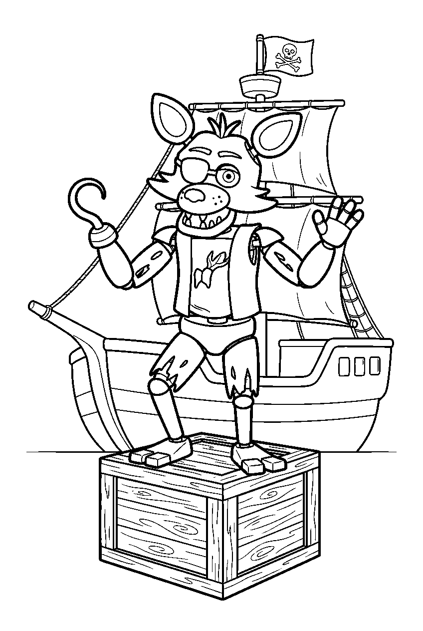 fnaf foxy standing on a wooden crate beneath the pirate ship backdrop line art