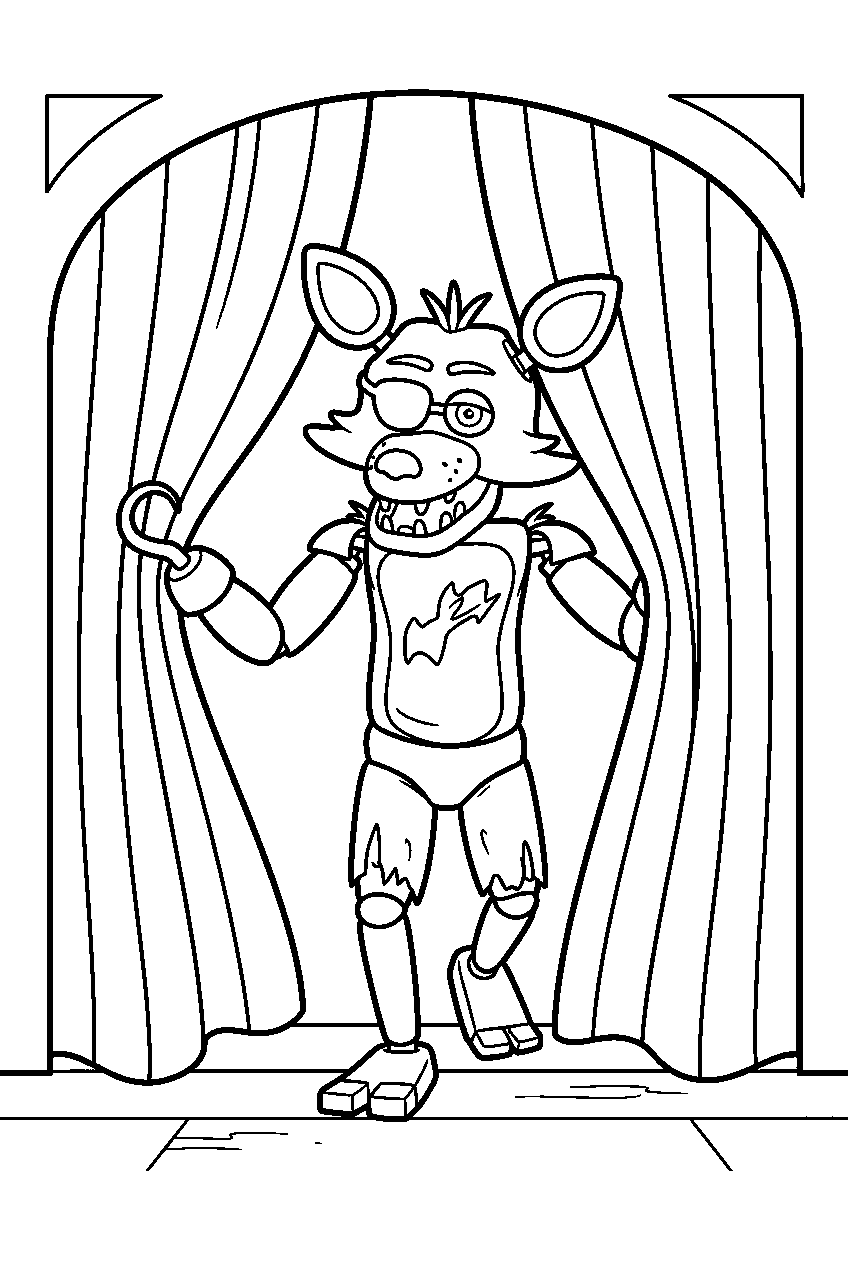 fnaf foxy stepping through striped curtains on the pirate cove stage line art