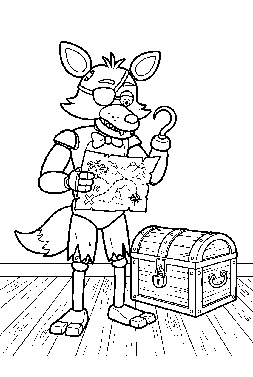 fnaf foxy studying a treasure map beside a closed treasure chest line art