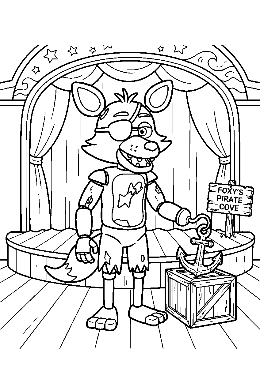 fnaf foxy tapping his hook against a small anchor prop on the cove stage line art