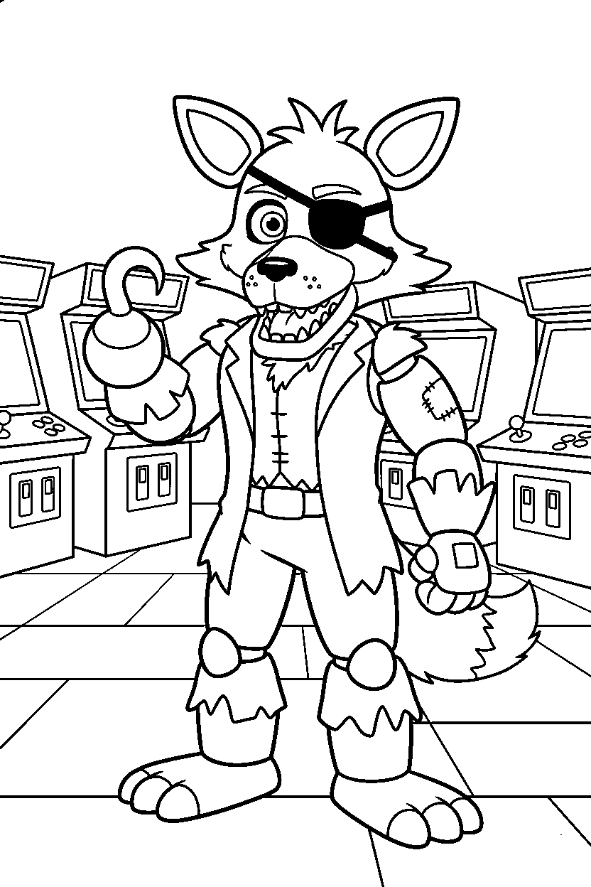 fnaf foxy the pirate fox animatronic giving a thumbs up in a bright game arcade line art