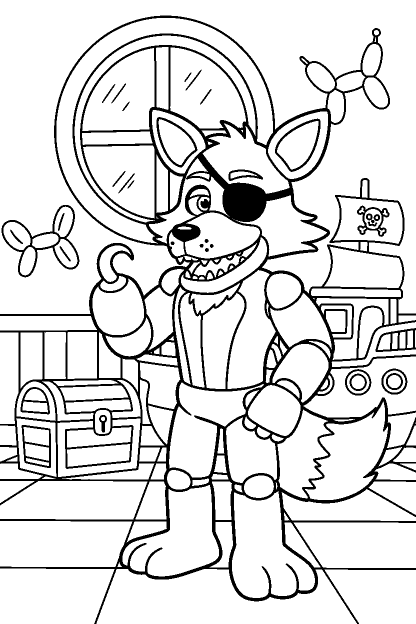 fnaf foxy the pirate fox animatronic giving a thumbs up in a decorated playroom line art