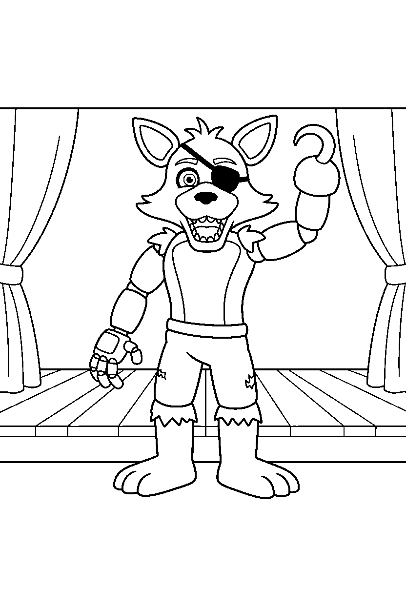 fnaf foxy the pirate fox animatronic greeting happily in a show stage area line art