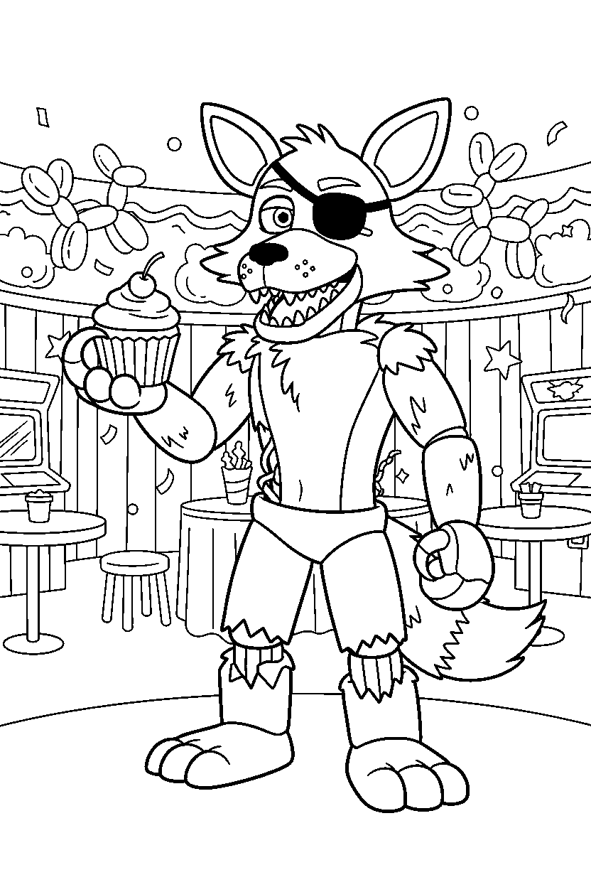 fnaf foxy the pirate fox animatronic holding a cupcake in a colorful entertainment hall line art