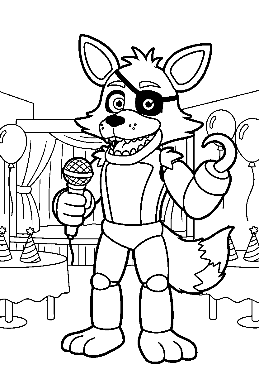 fnaf foxy the pirate fox animatronic holding a microphone inside a cartoon party hall line art