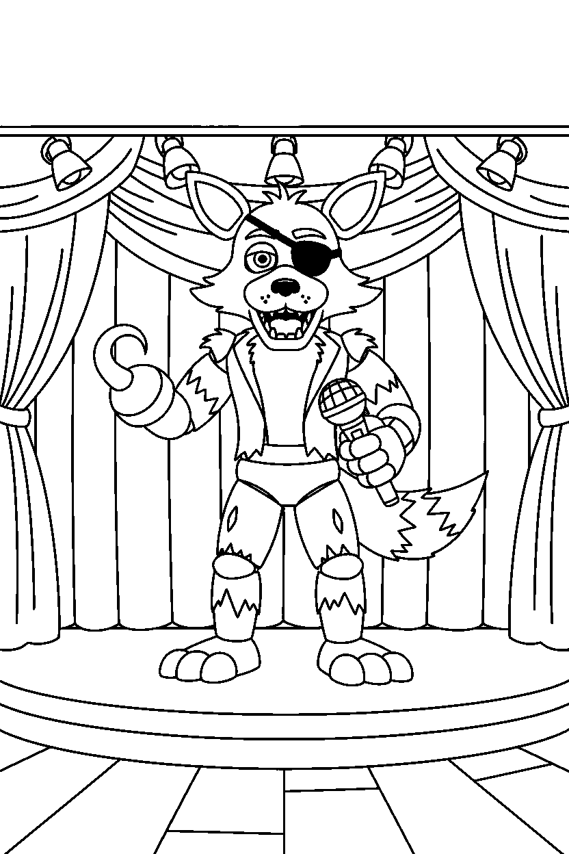 fnaf foxy the pirate fox animatronic holding a microphone on a performance stage line art