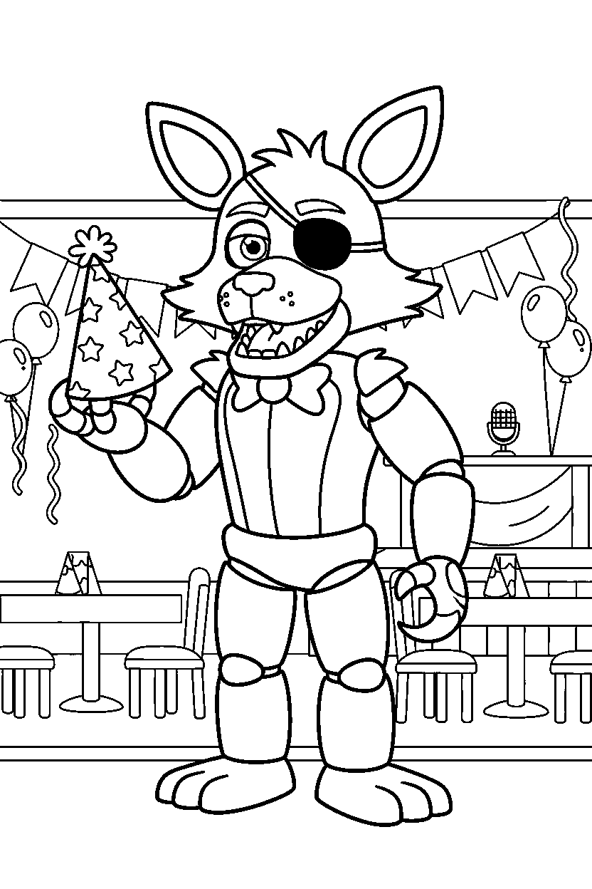 fnaf foxy the pirate fox animatronic holding a party hat in a family restaurant line art
