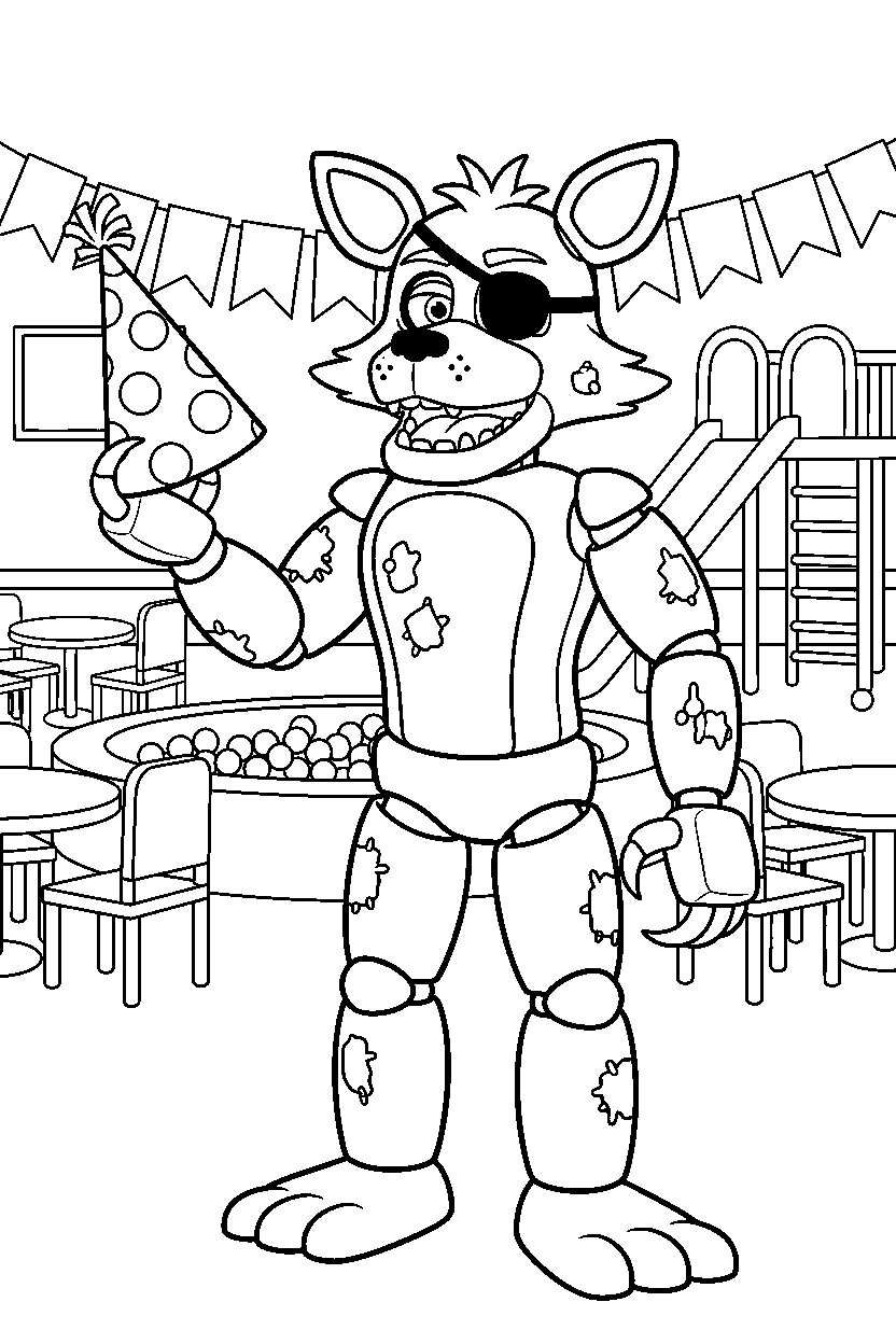 fnaf foxy the pirate fox animatronic holding a party hat inside an indoor play area line art