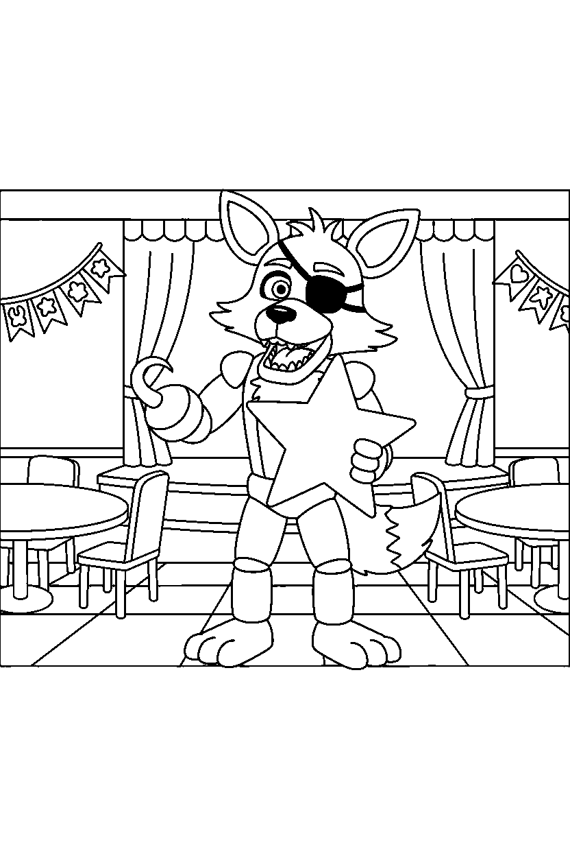 fnaf foxy the pirate fox animatronic holding a star in a pizzeria dining area line art