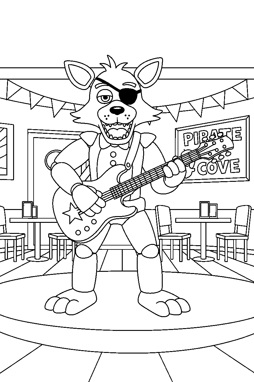 fnaf foxy the pirate fox animatronic playing guitar in a family restaurant line art