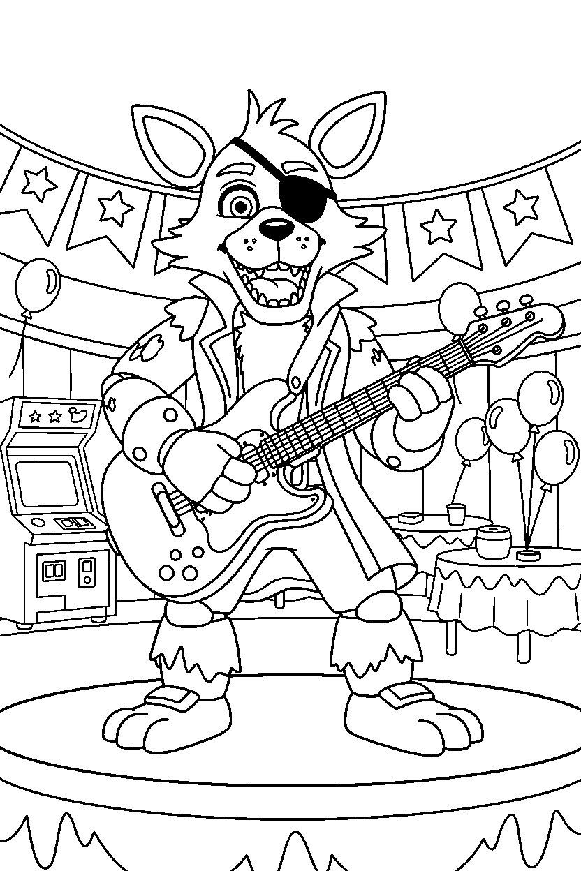 fnaf foxy the pirate fox animatronic playing guitar in a fun entertainment center line art