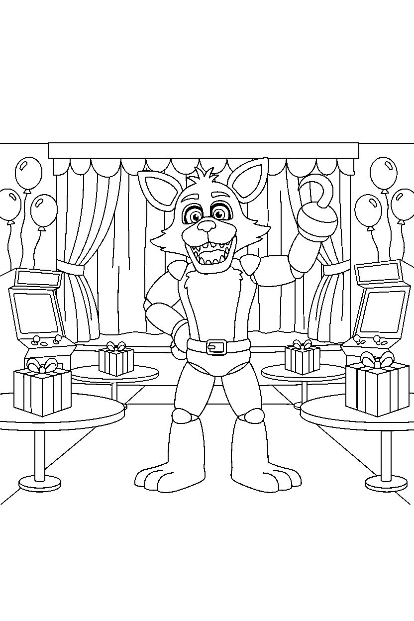 fnaf foxy the pirate fox animatronic posing happily in a colorful entertainment hall line art