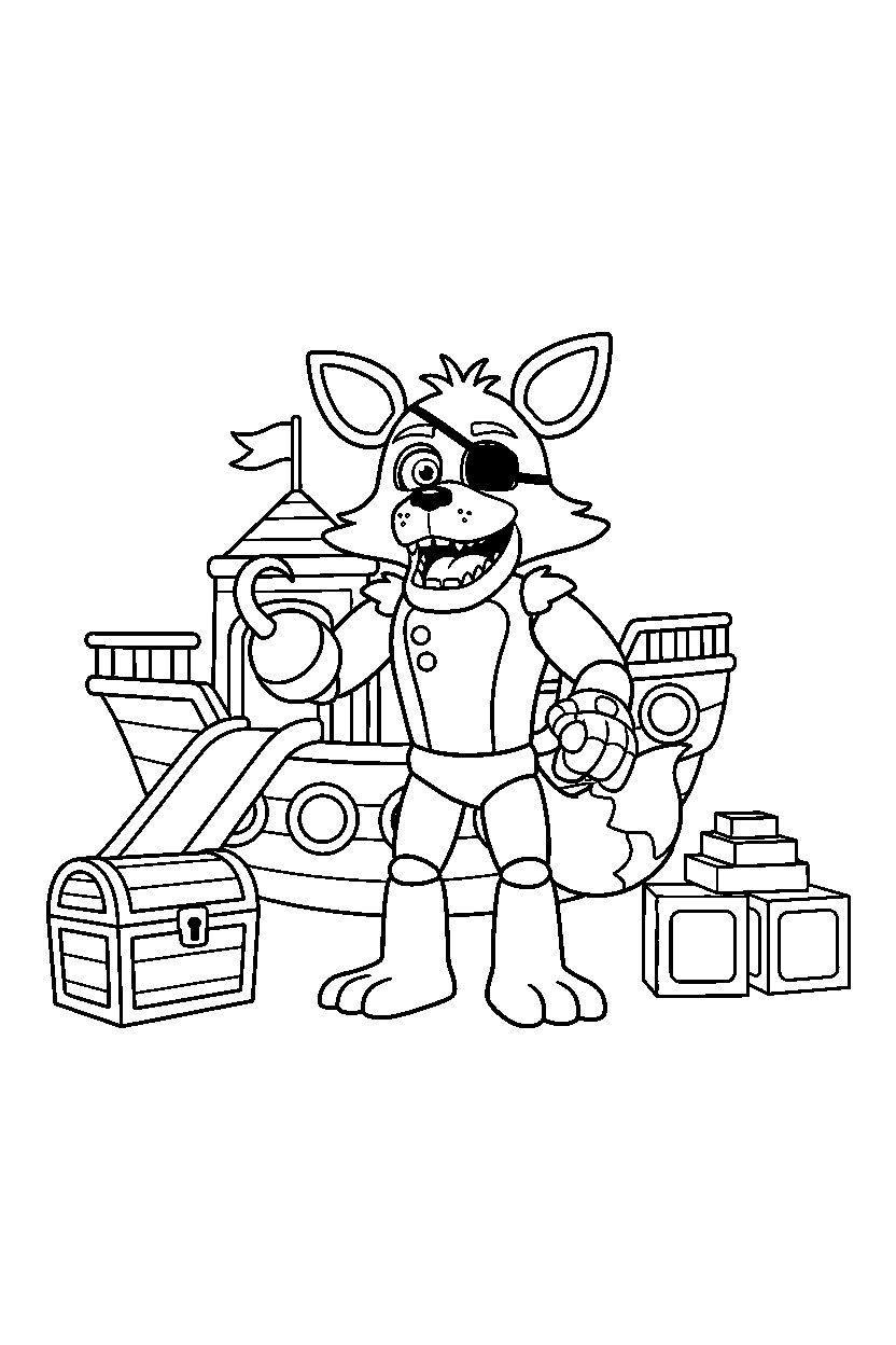 fnaf foxy the pirate fox animatronic smiling in a play area line art