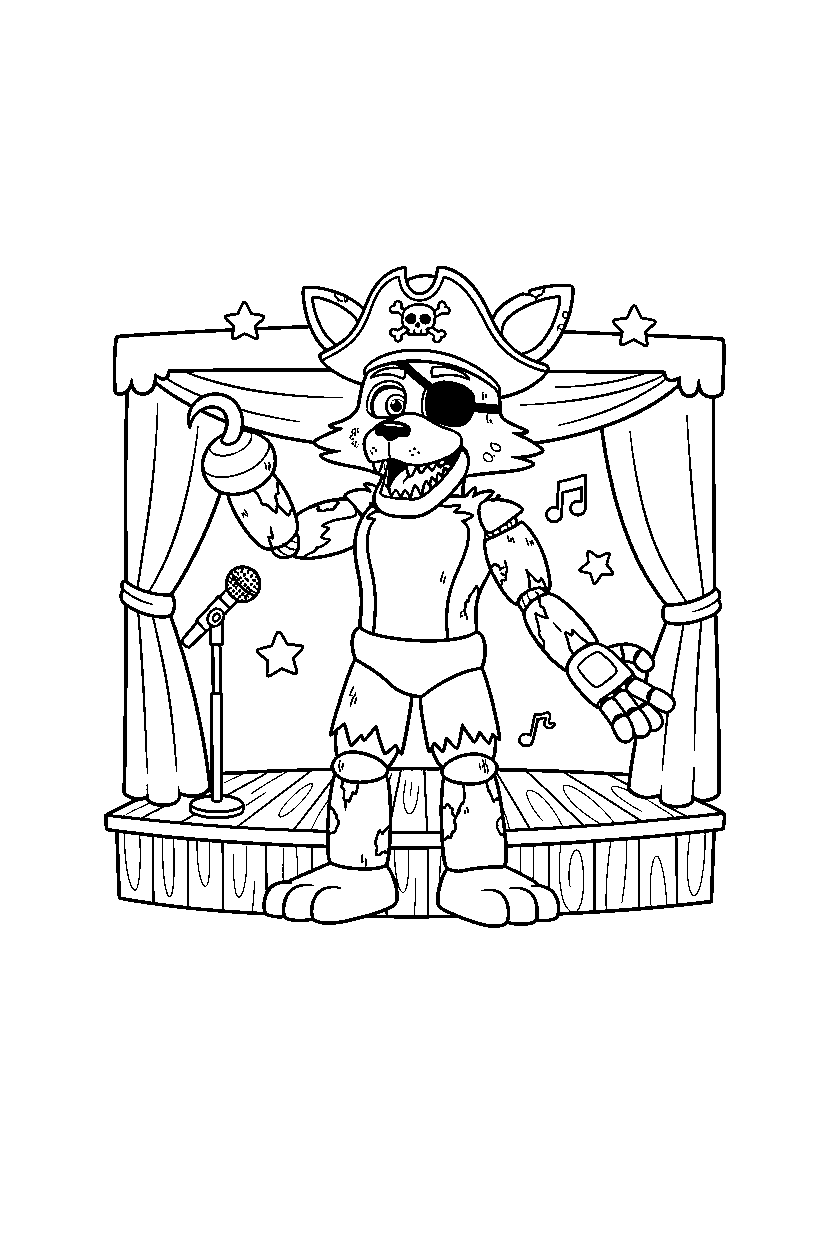 fnaf foxy the pirate fox animatronic standing and waving on a performance stage line art