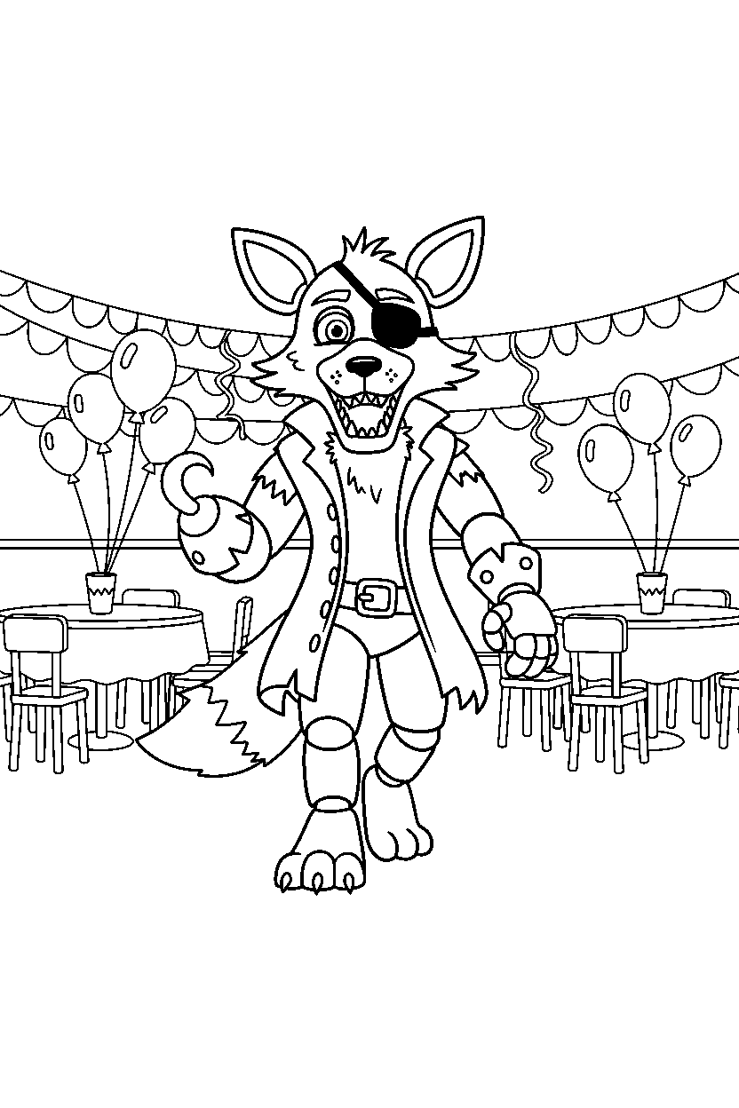fnaf foxy the pirate fox animatronic walking forward in a celebration hall line art