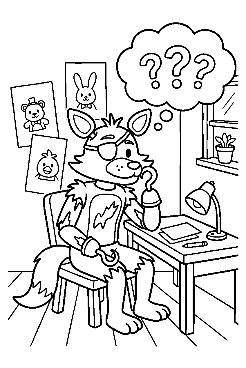 fnaf foxy thinking in game room line art