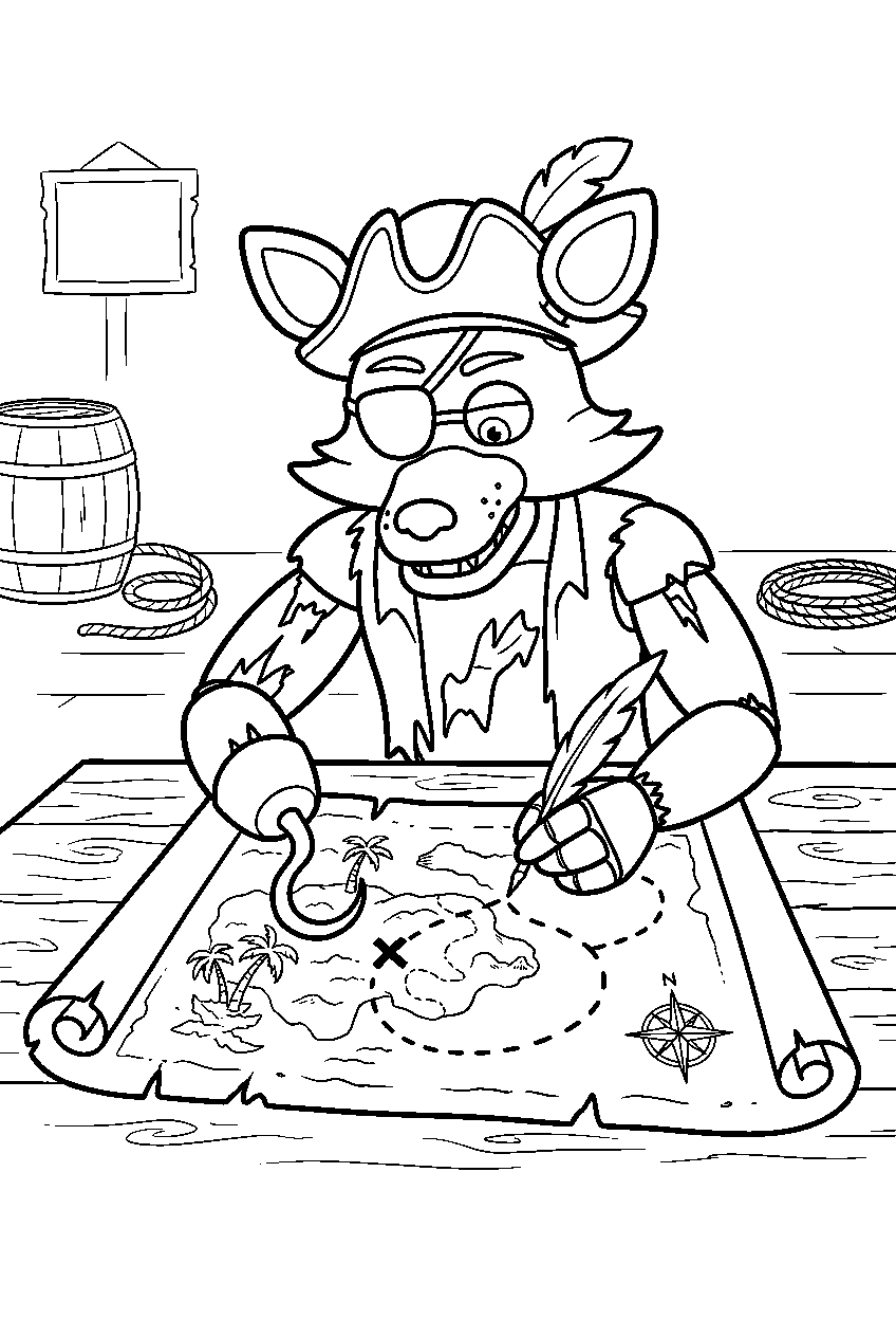 fnaf foxy tracing a route on a treasure map at the pirate prop table line art