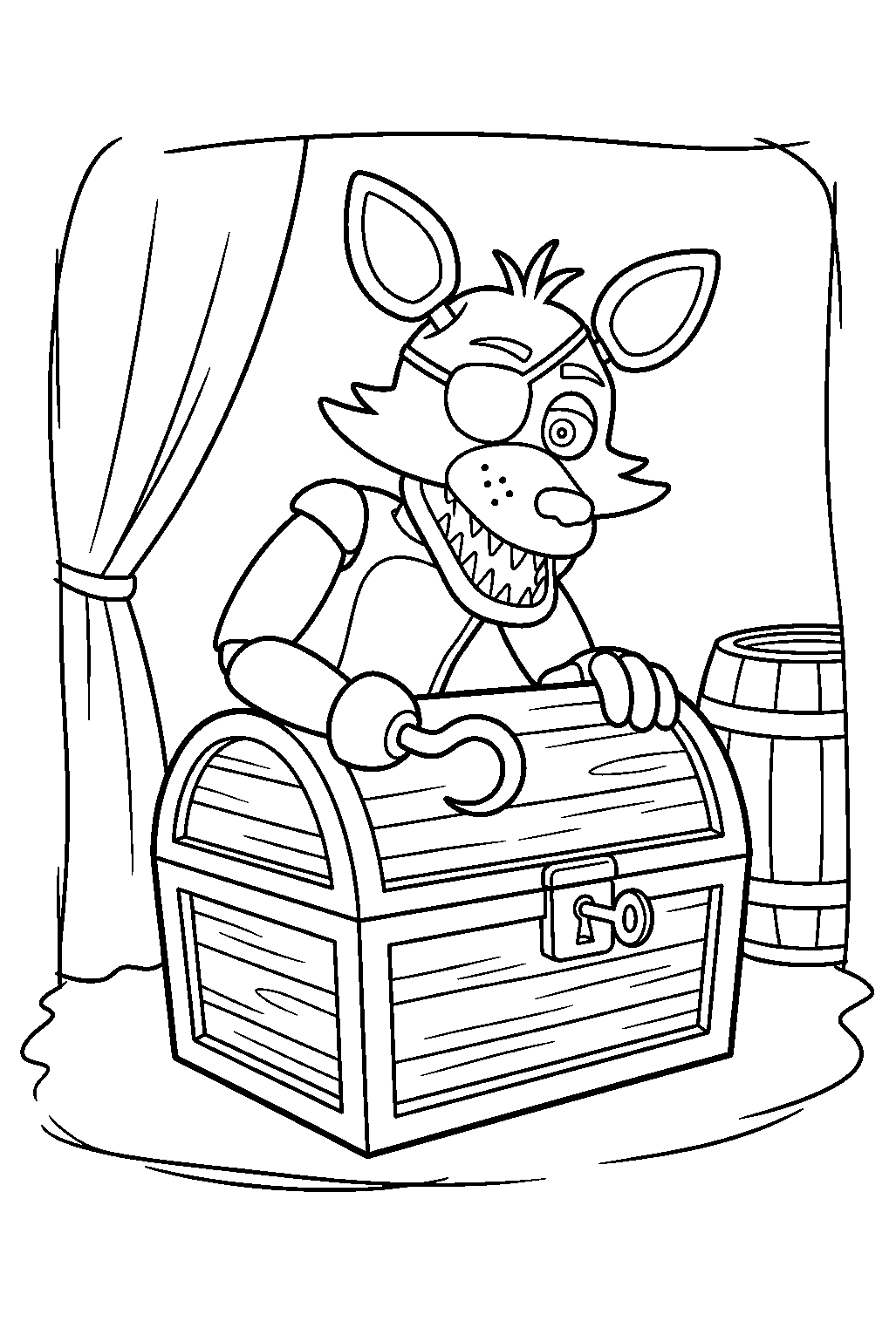 fnaf foxy turning a key in the lock of a treasure chest inside pirate cove line art