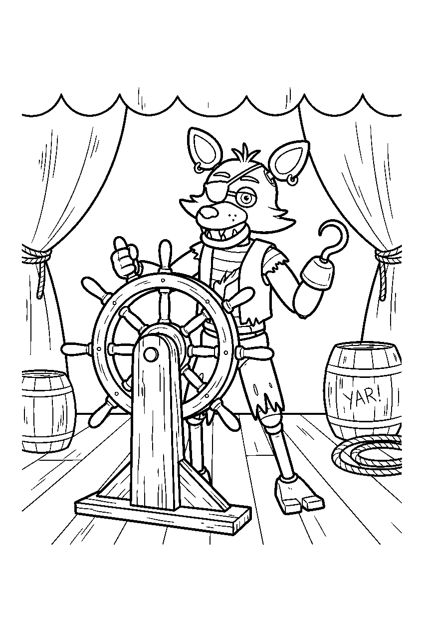 fnaf foxy turning the ship wheel on the pirate cove stage set line art