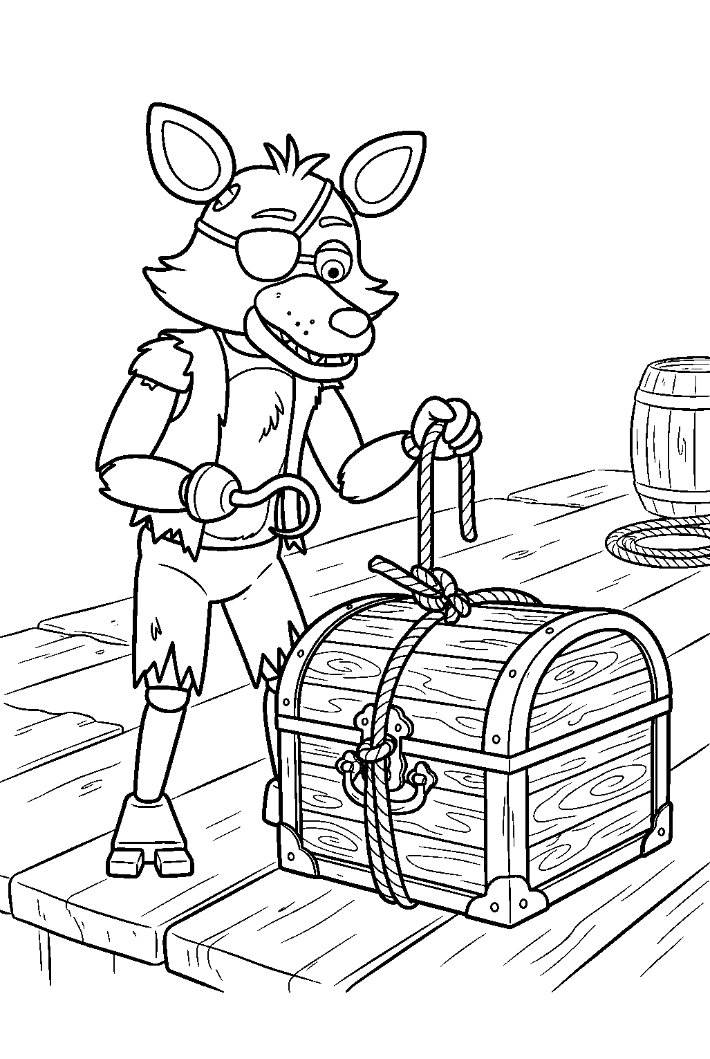 fnaf foxy tying a rope around a closed treasure chest on the wooden platform line art