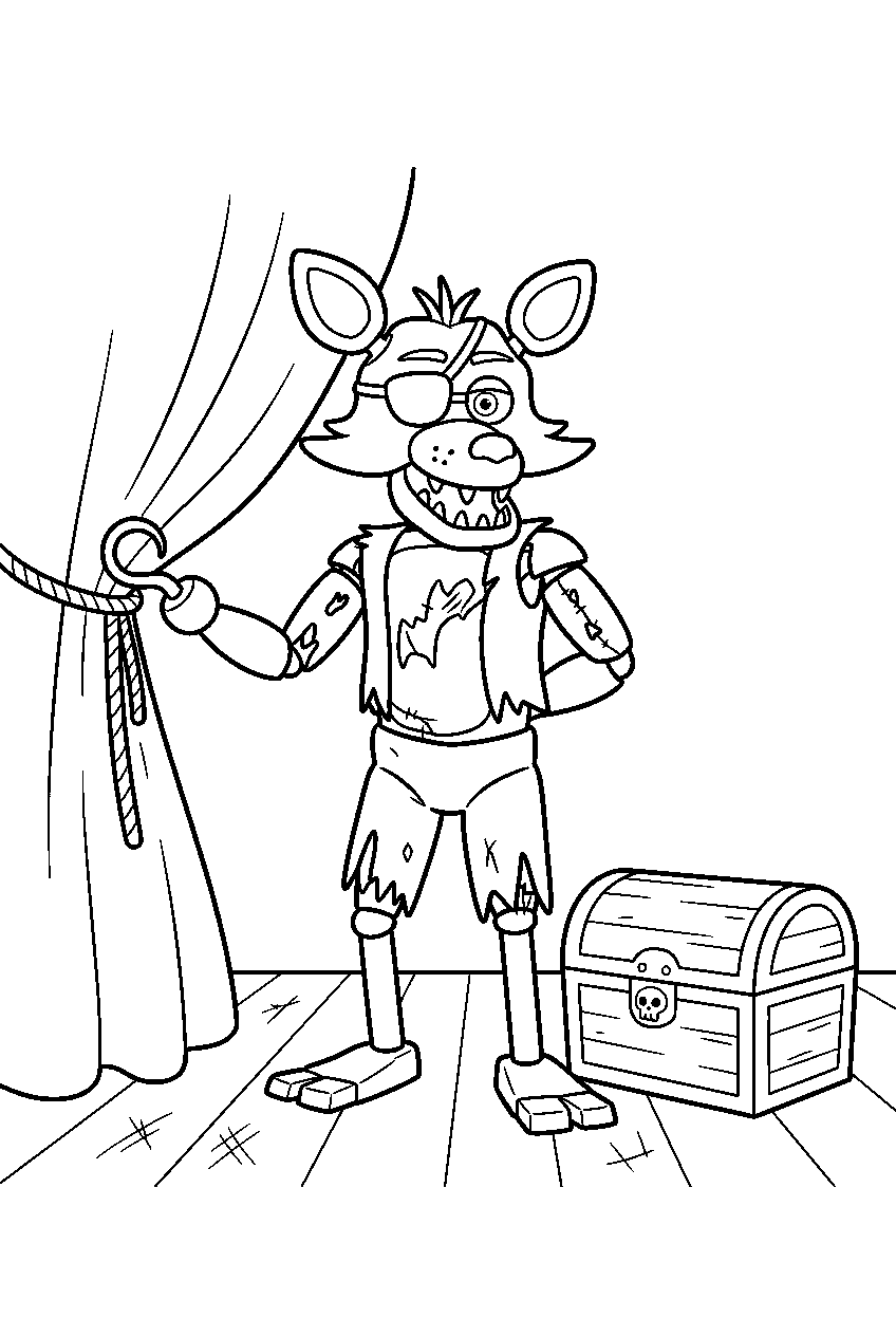 fnaf foxy tying back a stage curtain beside a closed treasure chest line art