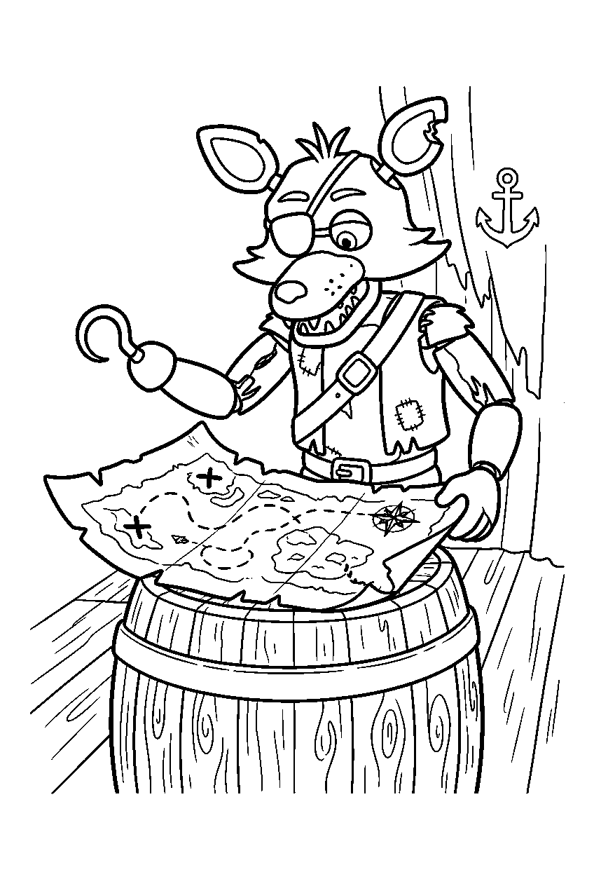 fnaf foxy unfolding a treasure map across a wooden barrel in pirate cove line art