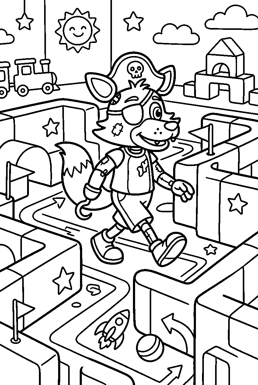fnaf foxy walking in daycare maze line art