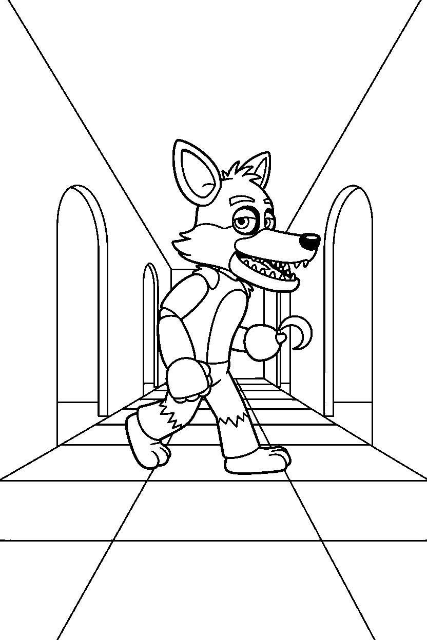 fnaf foxy walking in hallway line art