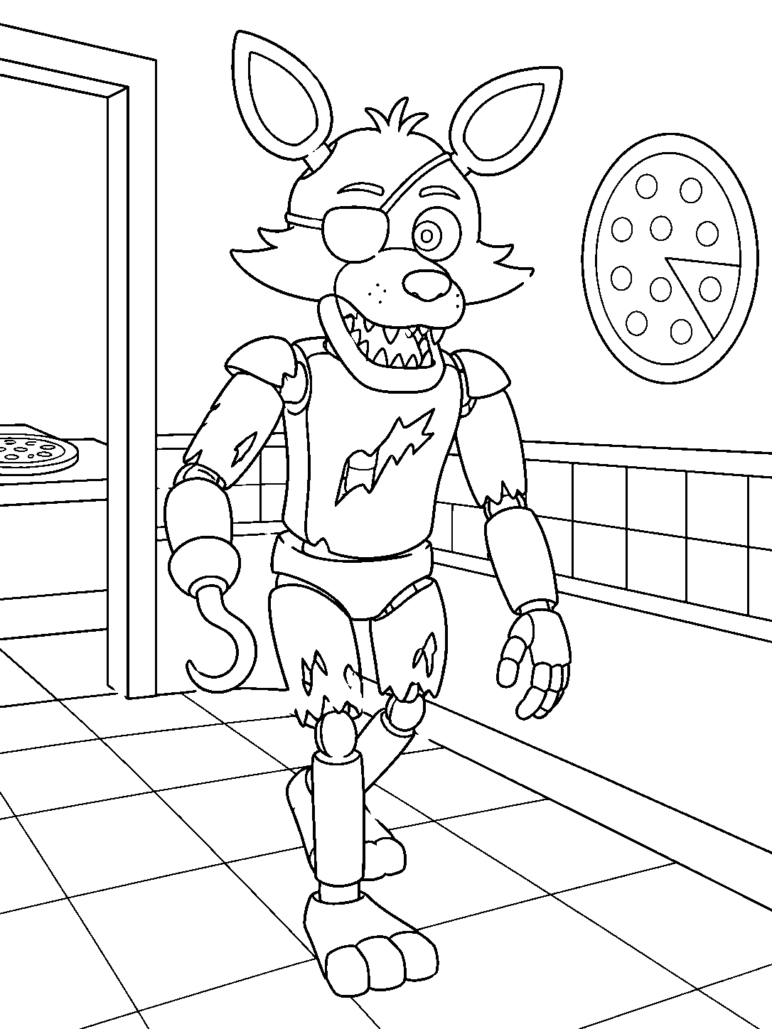 fnaf foxy walking slowly in pizza restaurant line art