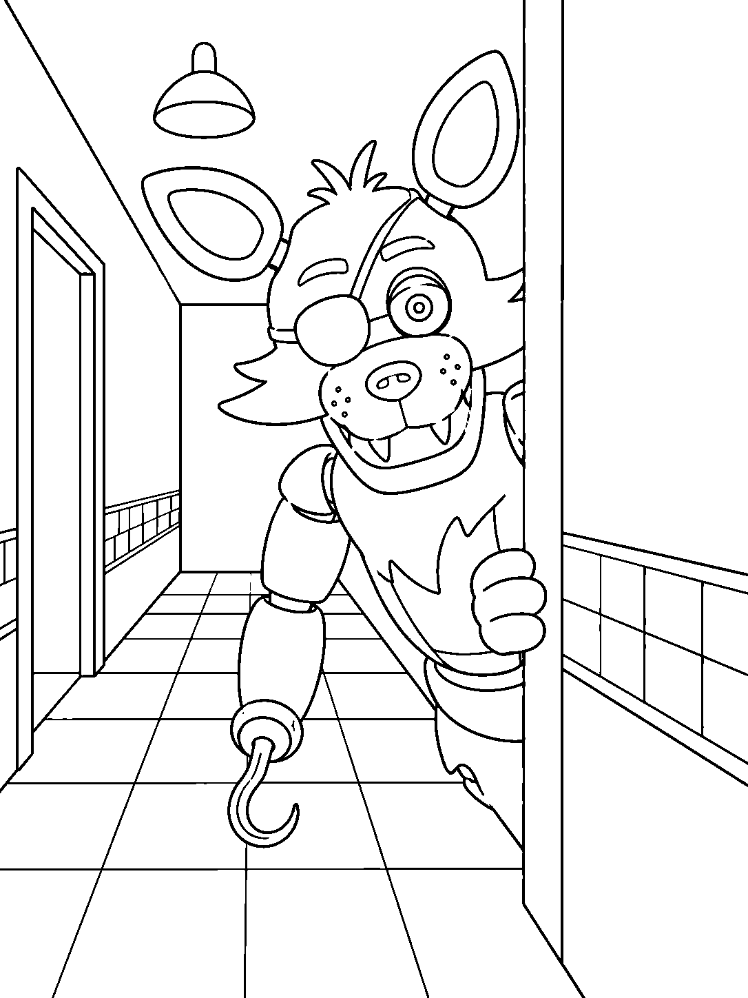 fnaf foxy watching in dark hallway line art