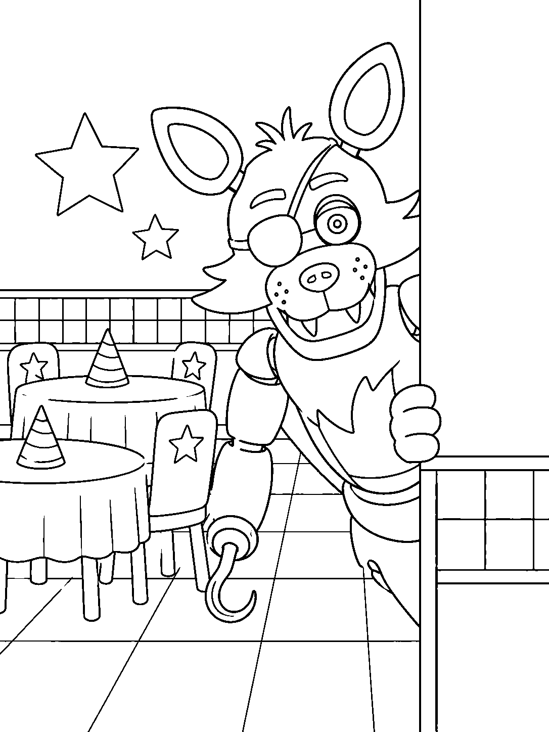 fnaf foxy watching in dining area line art