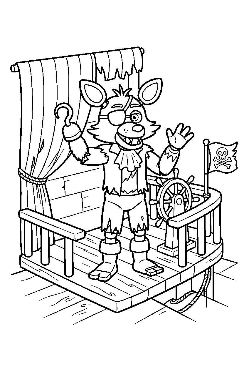 fnaf foxy waving from the lookout platform on the pirate cove set line art