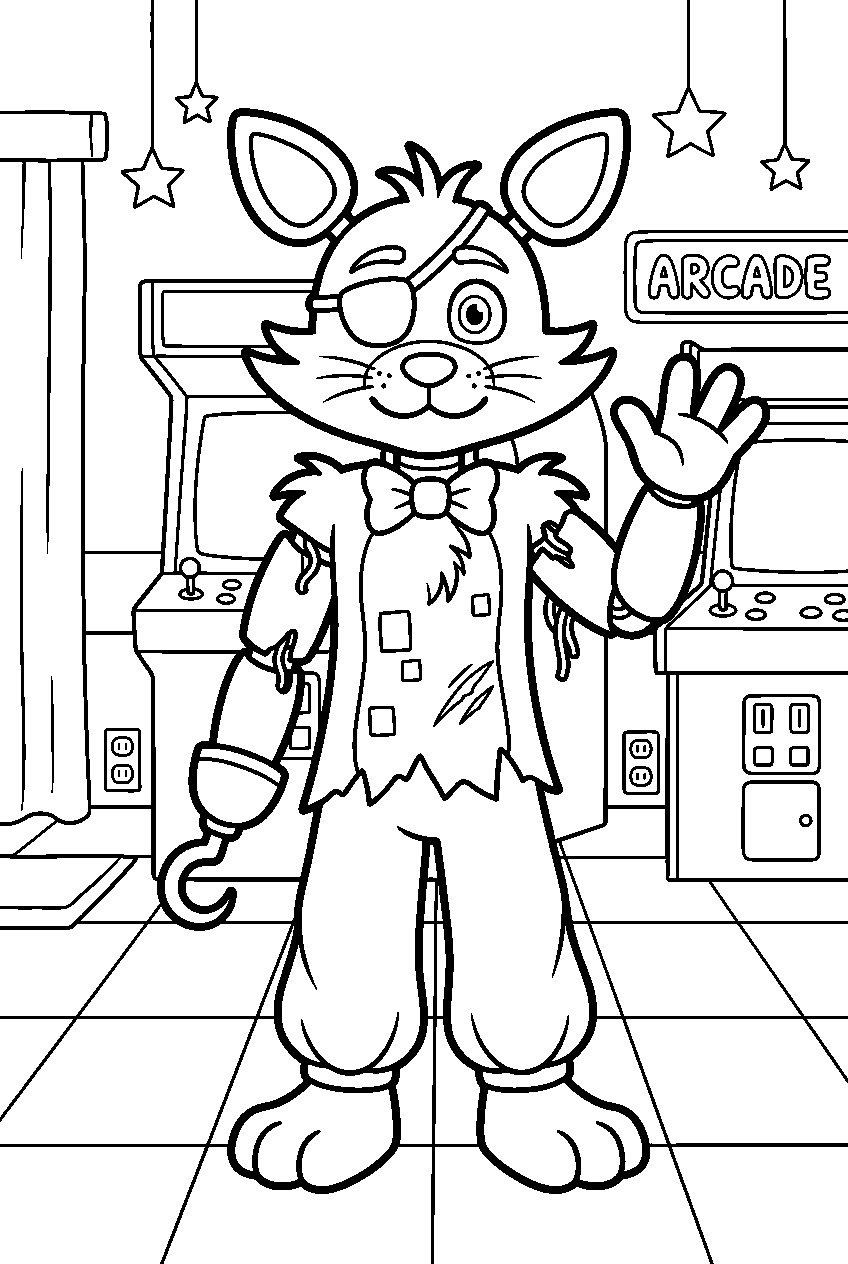 fnaf foxy waving in arcade room line art