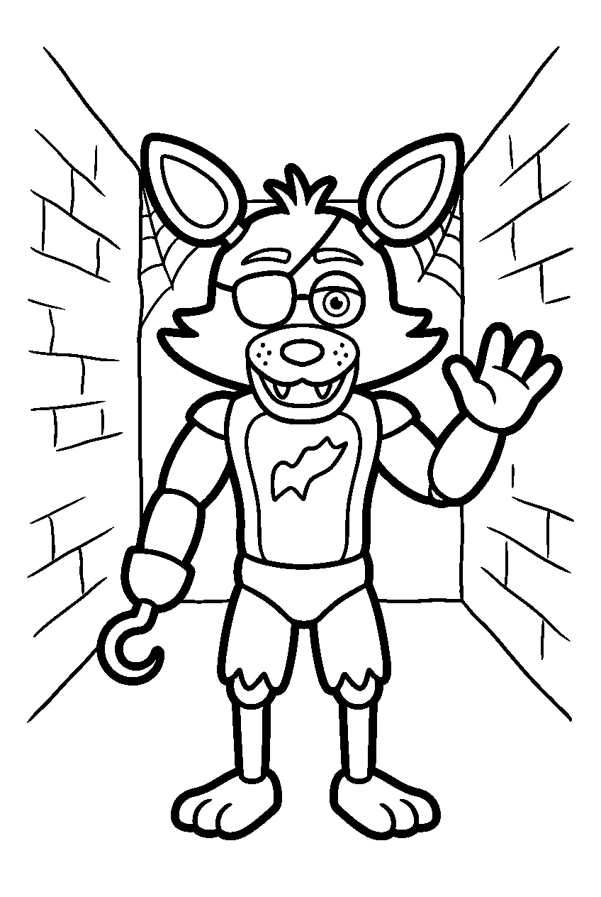 fnaf foxy waving in dark hallway line art