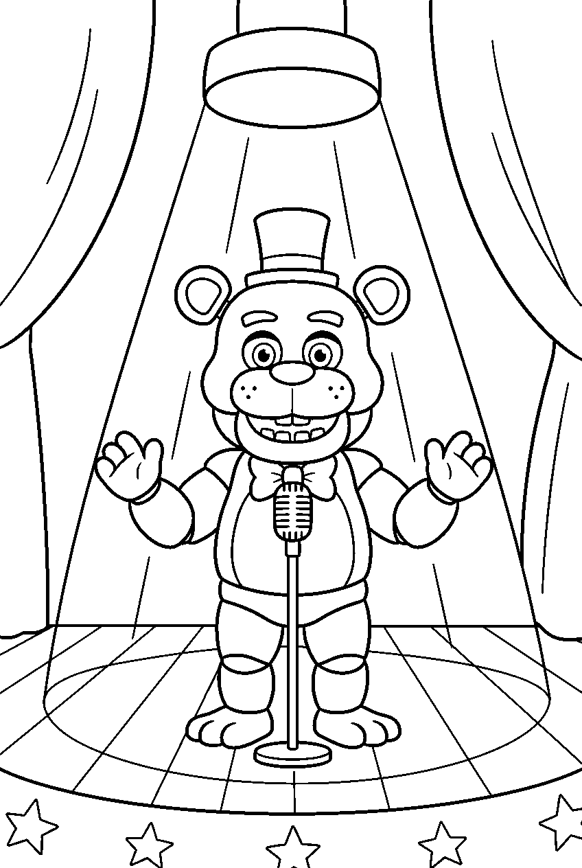 cartoon freddy fazbear smiling beneath a large spotlight on the performance stage line art