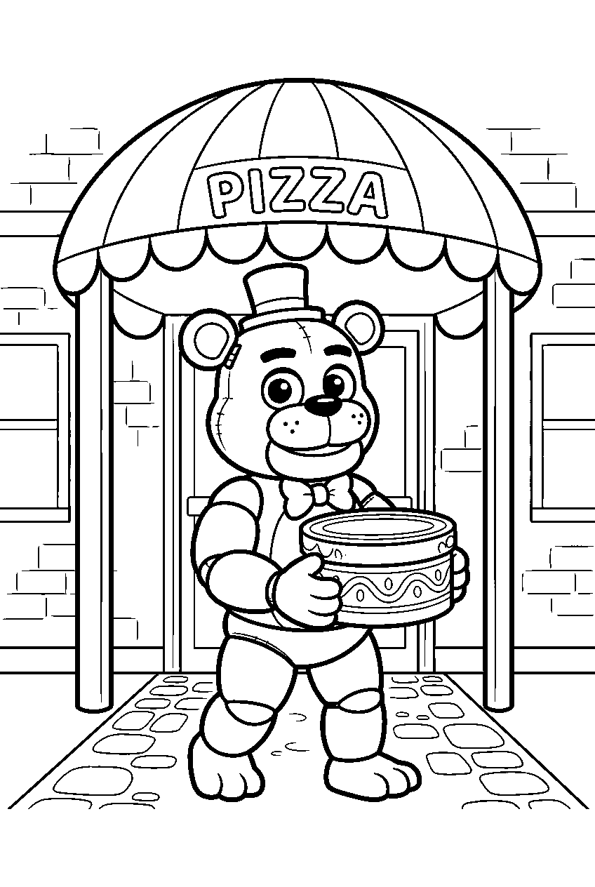 cute freddy fazbear carrying a round hatbox beneath the pizzeria entrance canopy line art