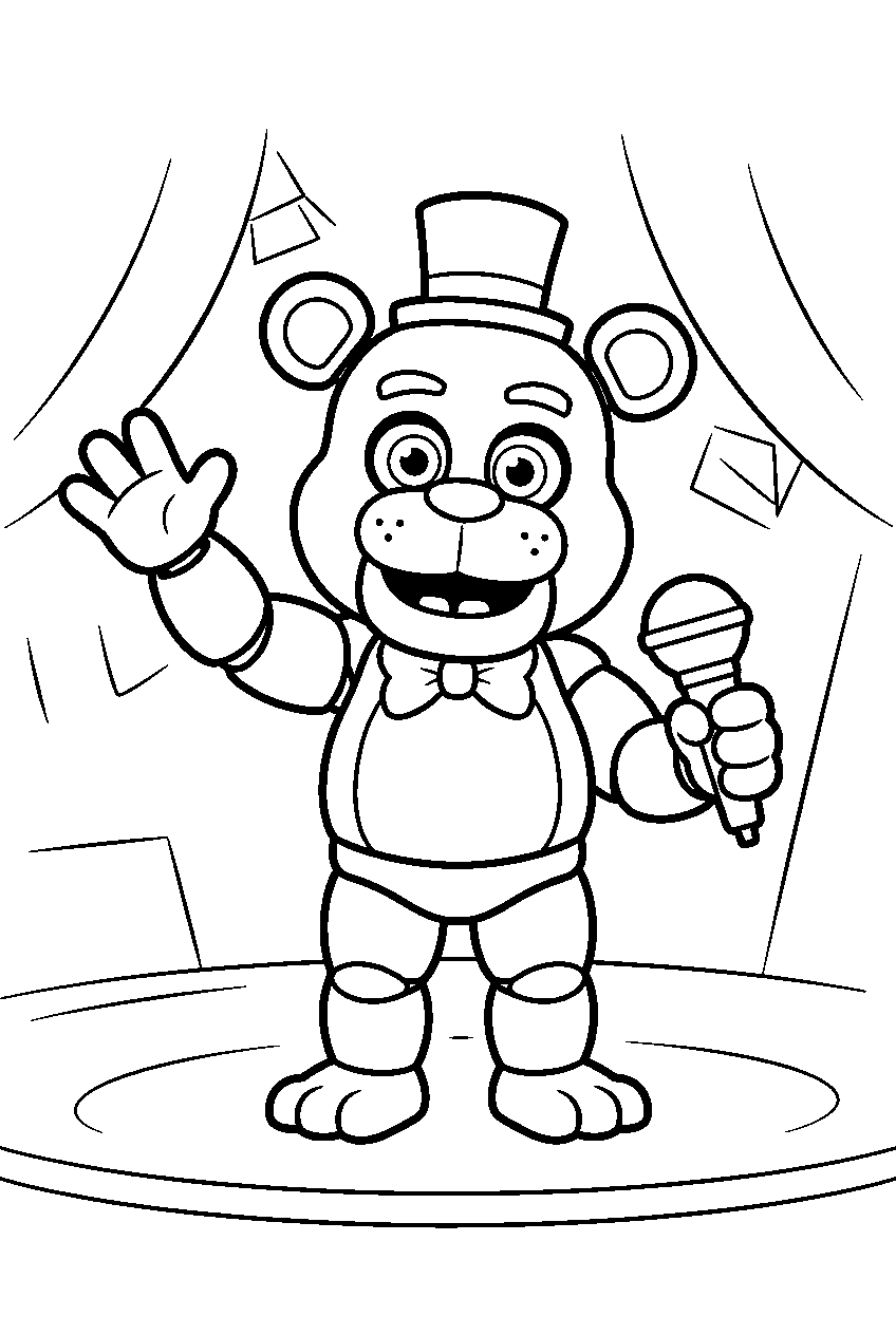 cute freddy fazbear waving with a microphone from the center of the pizzeria stage line art