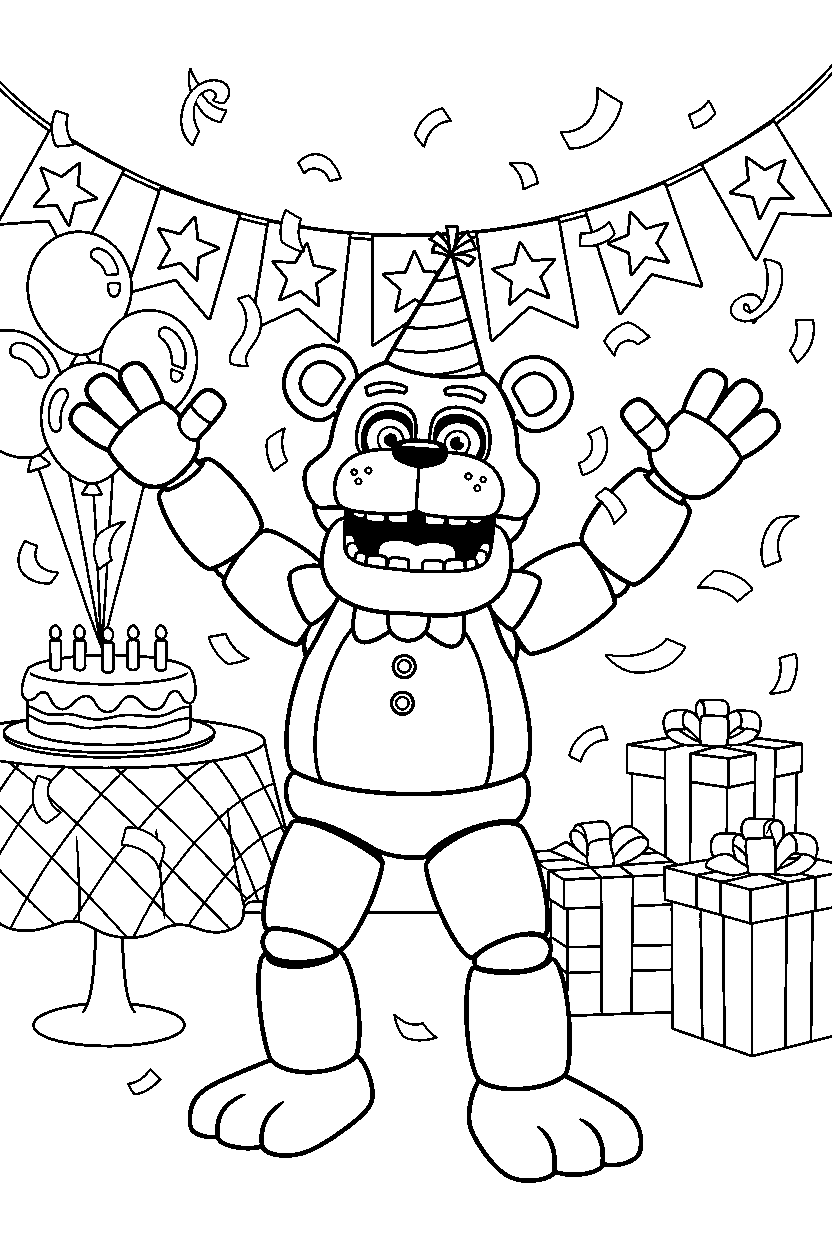 fnaf freddy fazbear animatronic celebrating happily in a festive event room line art