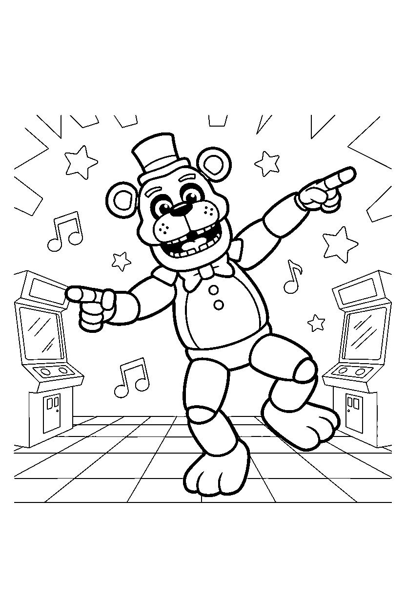 fnaf freddy fazbear animatronic dancing happily in a bright game arcade line art