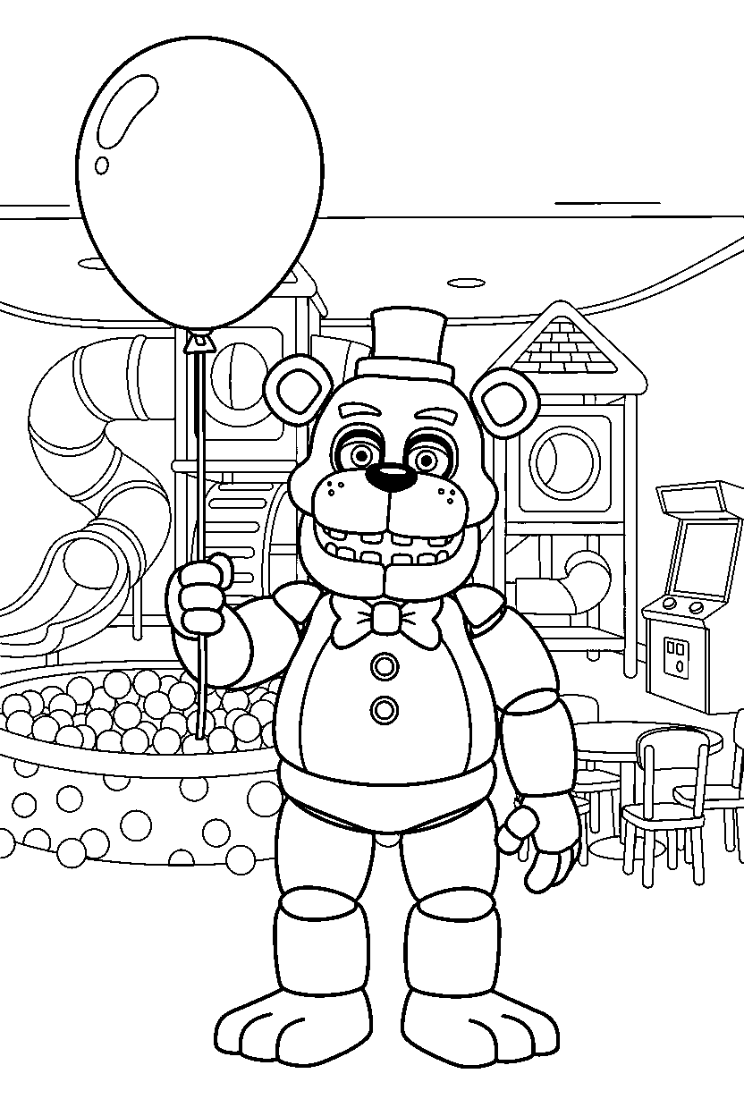 fnaf freddy fazbear animatronic holding a balloon inside an indoor play area line art