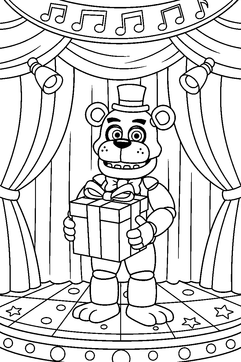 fnaf freddy fazbear animatronic holding a gift box in a show stage area line art
