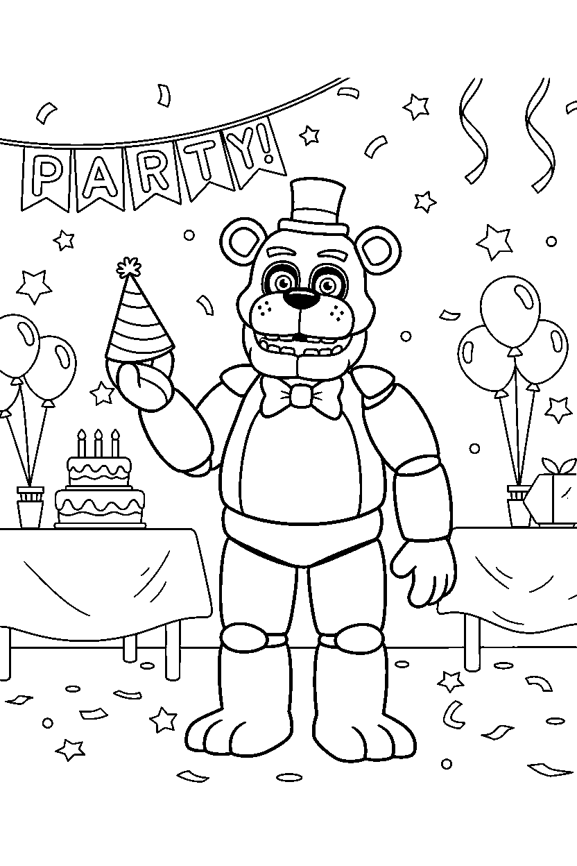 fnaf freddy fazbear animatronic holding a party hat in a bright party room line art