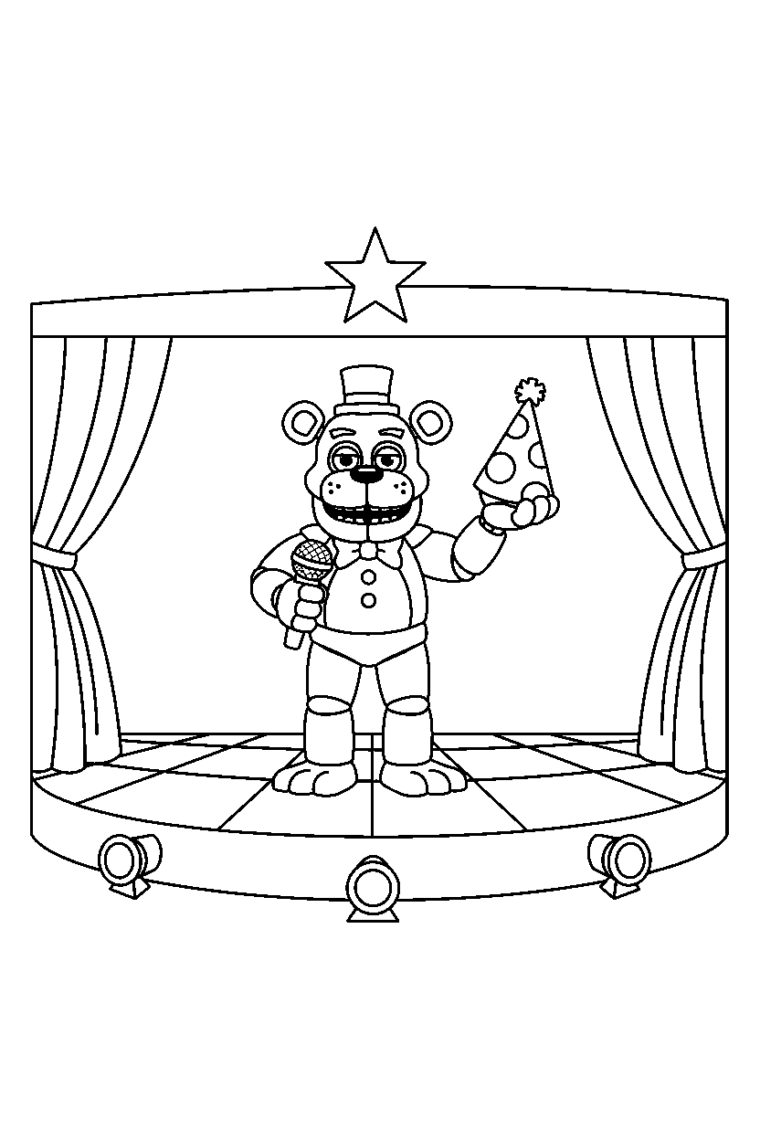 fnaf freddy fazbear animatronic holding a party hat on a performance stage line art